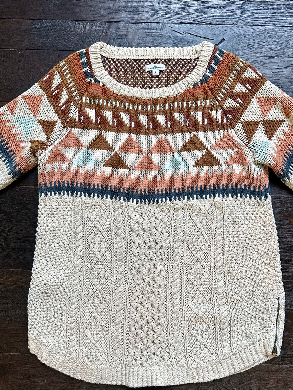 LL Bean Signature Cable-Knit Sweater Cream & Rust Size L